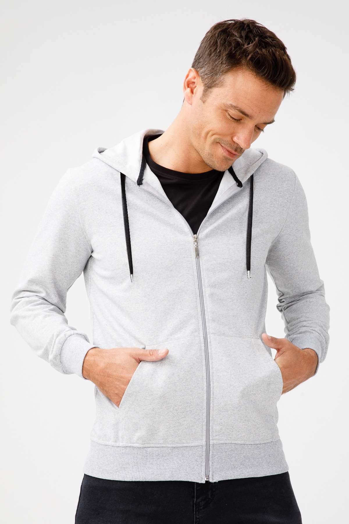 Erkek A.Gri Modernfit / Ekstra Dar Kalıp Kapşonlu Fermuarlı Sweatshirt