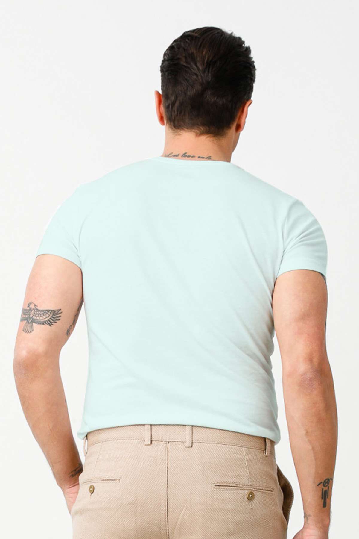 Açık Mavi Standart Fit Dar Kalıp Bisiklet Yaka Düz Kısa Kollu  %100 Pamuk Tişört