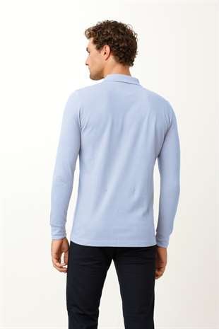 Erkek Açık Mavi  Polo Yaka Düğmeli Sweatshirt