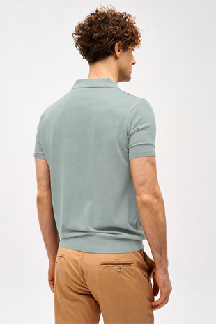 Erkek Açık Yeşil Slim Fit Dar Kalıp Polo Yaka Düz Kısa Kollu Triko Tişört