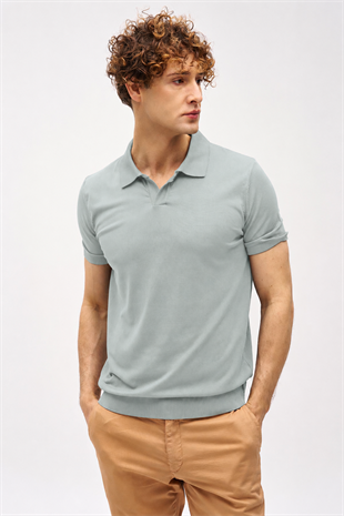 Erkek Açık Yeşil Slim Fit Dar Kalıp Polo Yaka Düz Kısa Kollu Triko Tişört