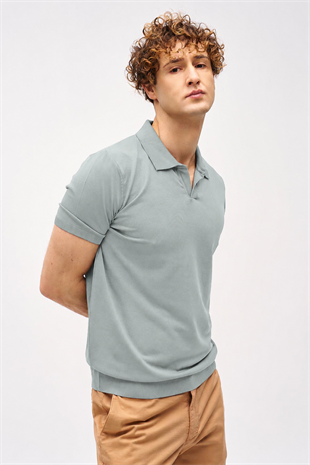 Erkek Açık Yeşil Slim Fit Dar Kalıp Polo Yaka Düz Kısa Kollu Triko Tişört