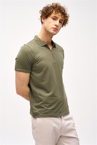 Açık Yeşil Slim Fit Dar Kalıp Fermuarlı Polo Yaka Düz Kısa Kollu  Tişört