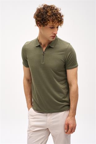 Açık Yeşil Slim Fit Dar Kalıp Fermuarlı Polo Yaka Düz Kısa Kollu  Tişört