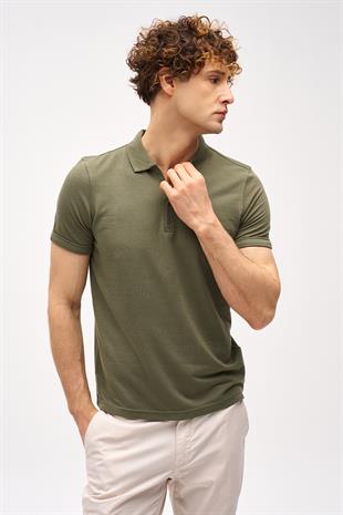 Açık Yeşil Slim Fit Dar Kalıp Fermuarlı Polo Yaka Düz Kısa Kollu  Tişört