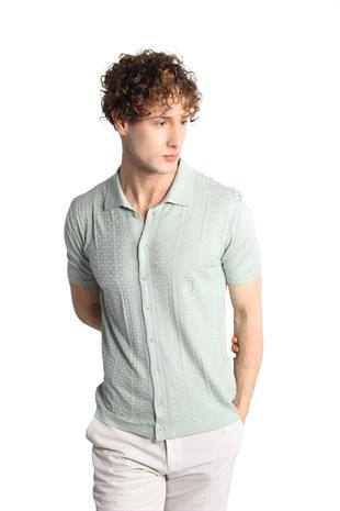Açık Yeşil Slim Fit Dar Kalıp Düğmeli Polo Yaka Desenli Kısa Kollu Triko Tişört