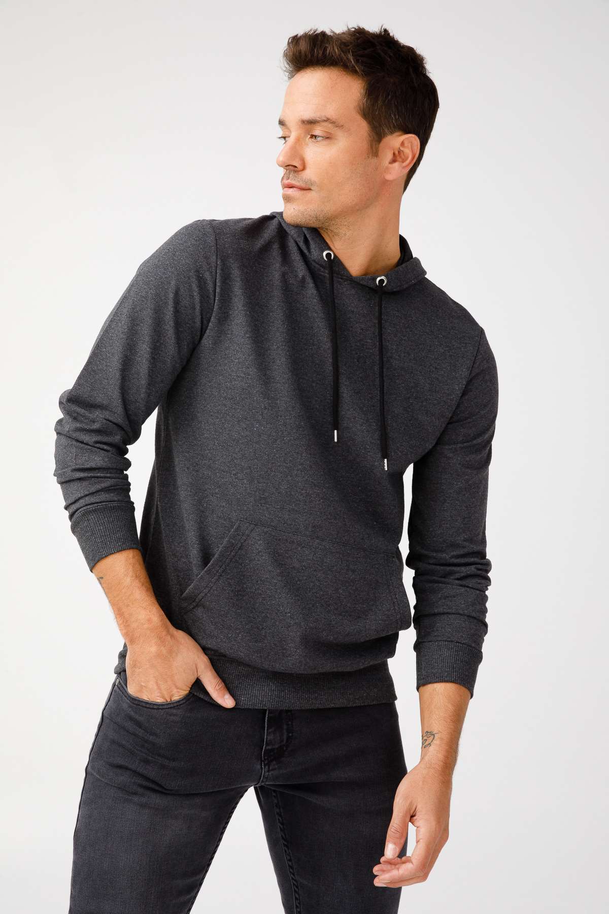Erkek Antrasit Modernfit / Ekstra Dar Kalıp Kapşonlu Fermuarsız Sweatshirt