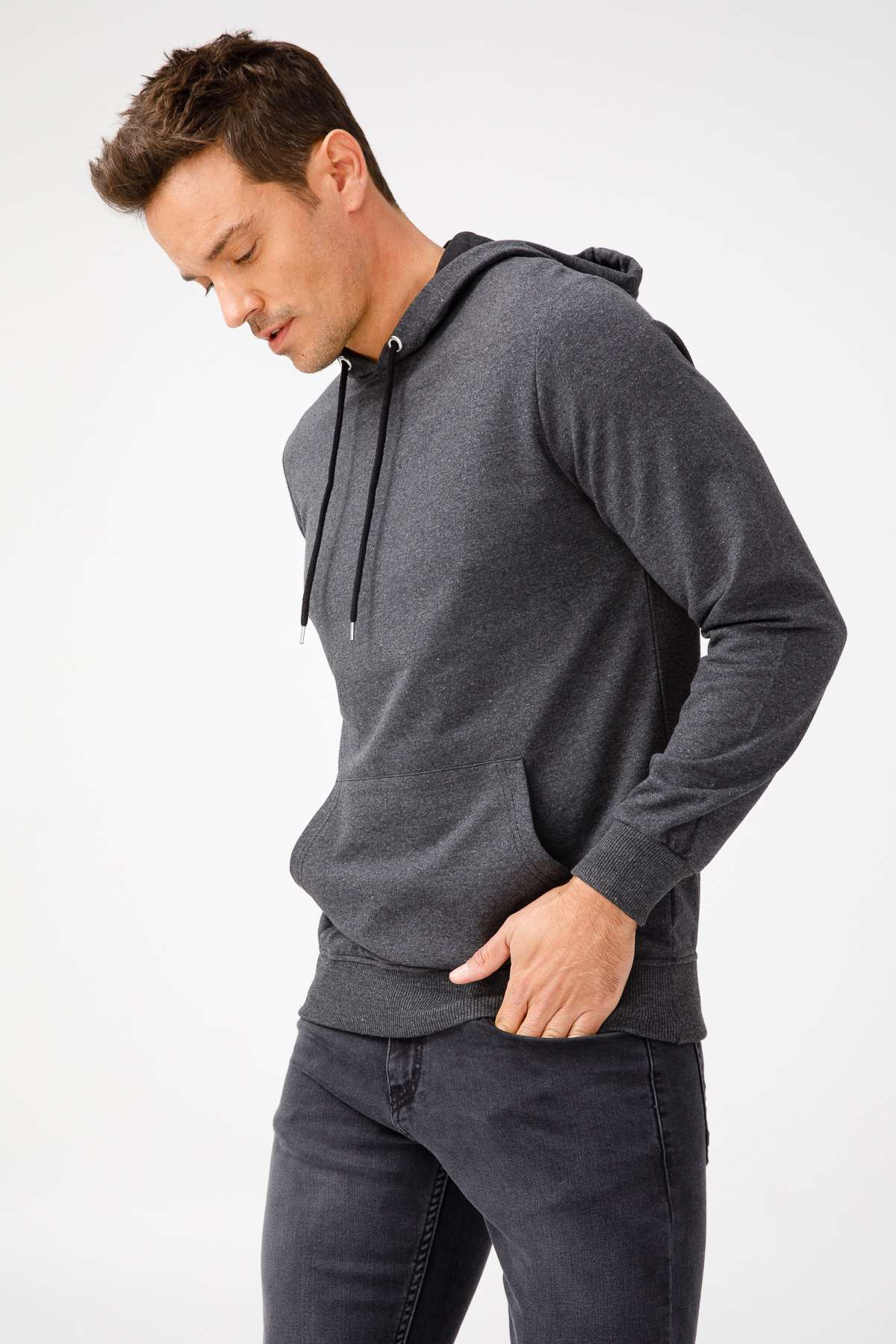 Erkek Antrasit Modernfit / Ekstra Dar Kalıp Kapşonlu Fermuarsız Sweatshirt