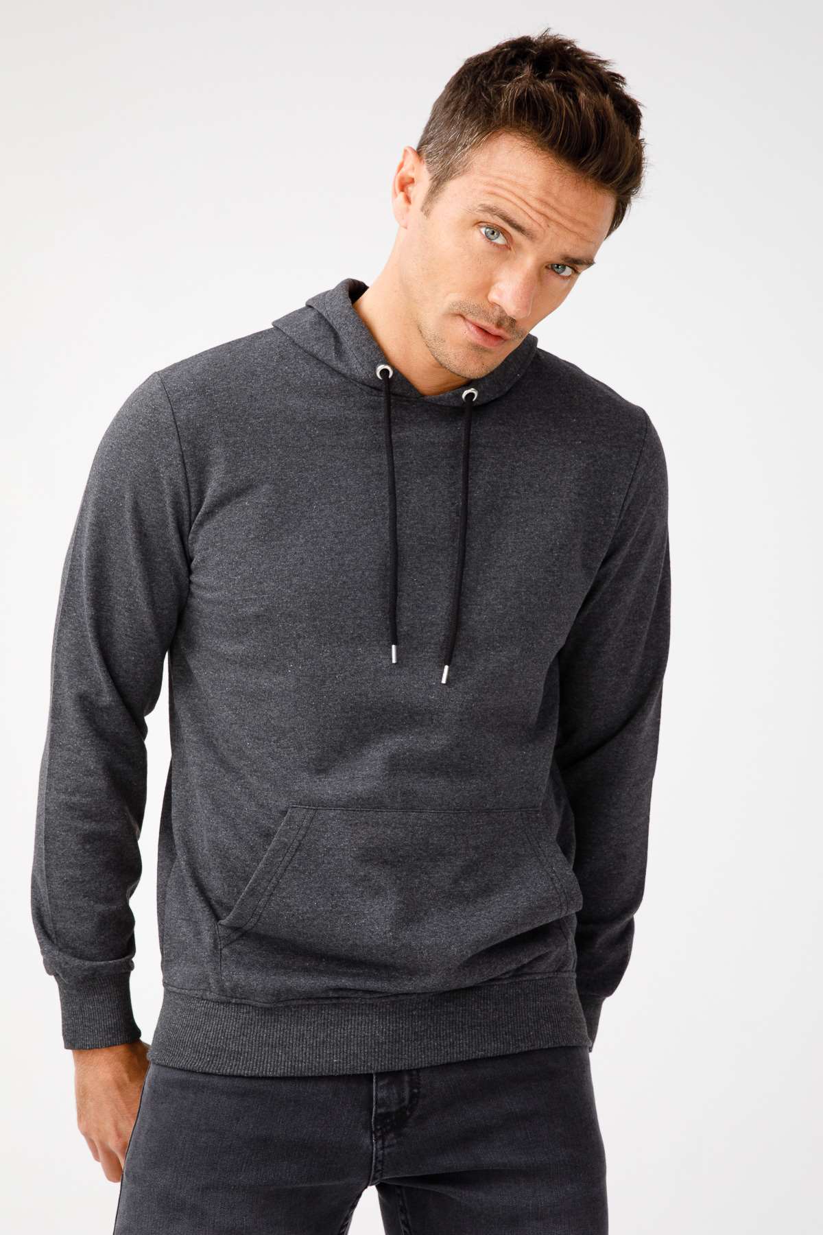 Erkek Antrasit Modernfit / Ekstra Dar Kalıp Kapşonlu Fermuarsız Sweatshirt