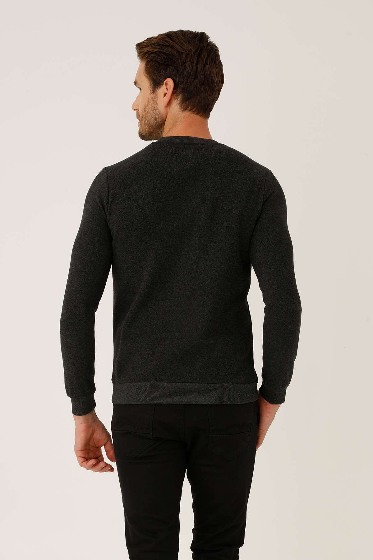 Antrasit Regular Fit Rahat Kalıp Bisiklet Yaka Düz Uzun Kollu  Triko