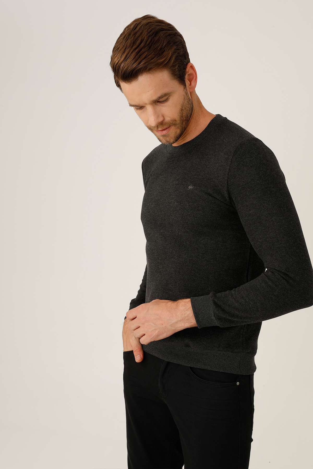 Antrasit Regular Fit Rahat Kalıp Bisiklet Yaka Düz Uzun Kollu  Triko