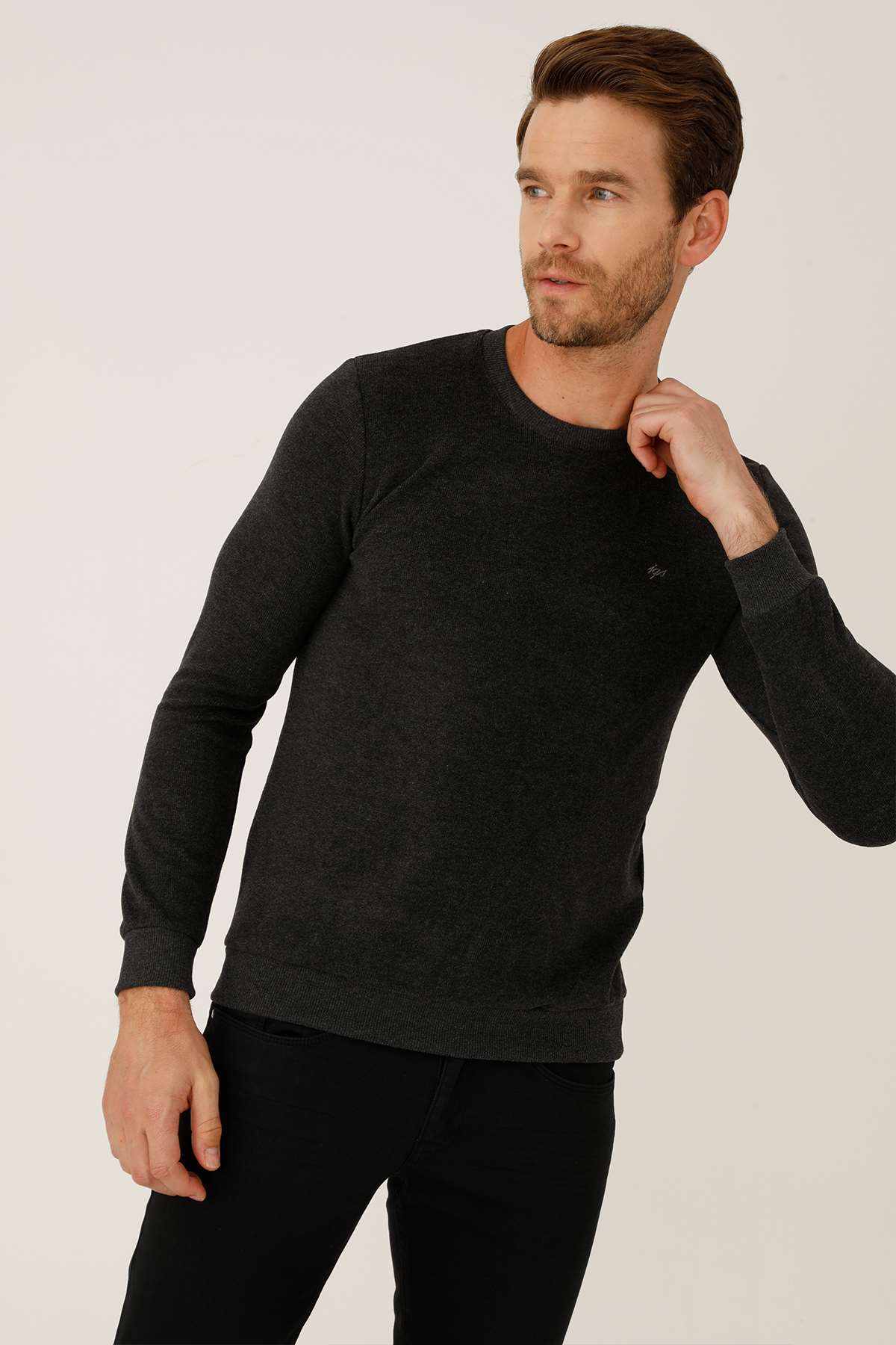 Antrasit Regular Fit Rahat Kalıp Bisiklet Yaka Düz Uzun Kollu  Triko