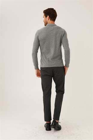 Antrasit Standart Fit Dar Kalıp Polo Yaka Düz Uzun Kollu  Triko