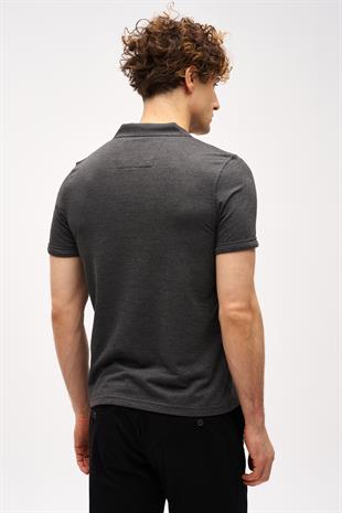 Antrasit Slim Fit Dar Kalıp Fermuarlı Polo Yaka Düz Kısa Kollu  Tişört
