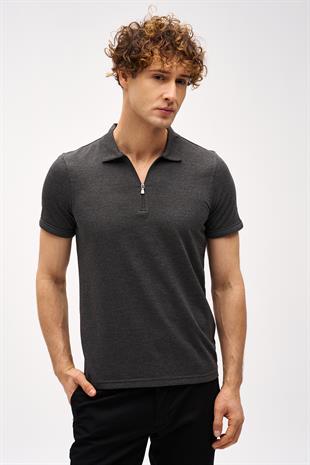 Antrasit Slim Fit Dar Kalıp Fermuarlı Polo Yaka Düz Kısa Kollu  Tişört