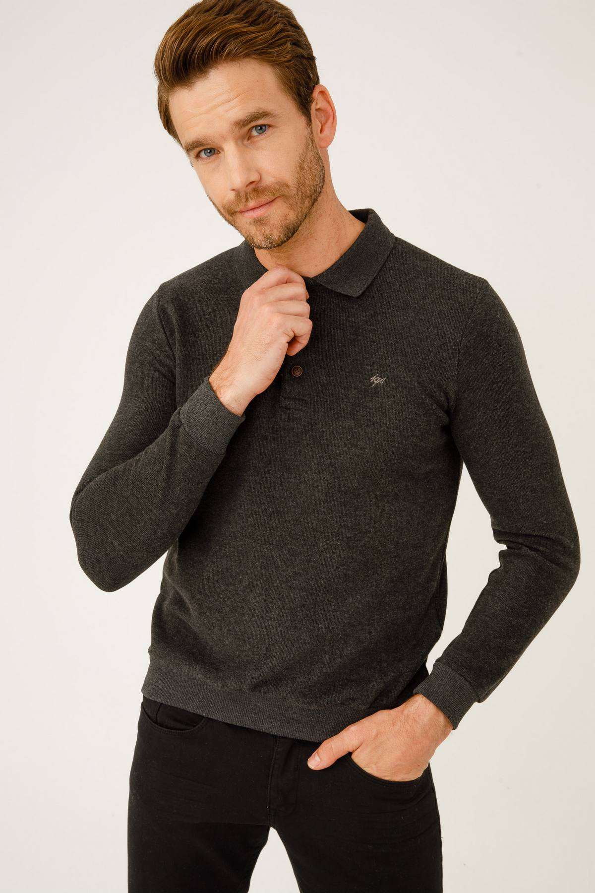 Antrasit Standart Fit Dar Kalıp Polo Yaka Düz Uzun Kollu  Triko
