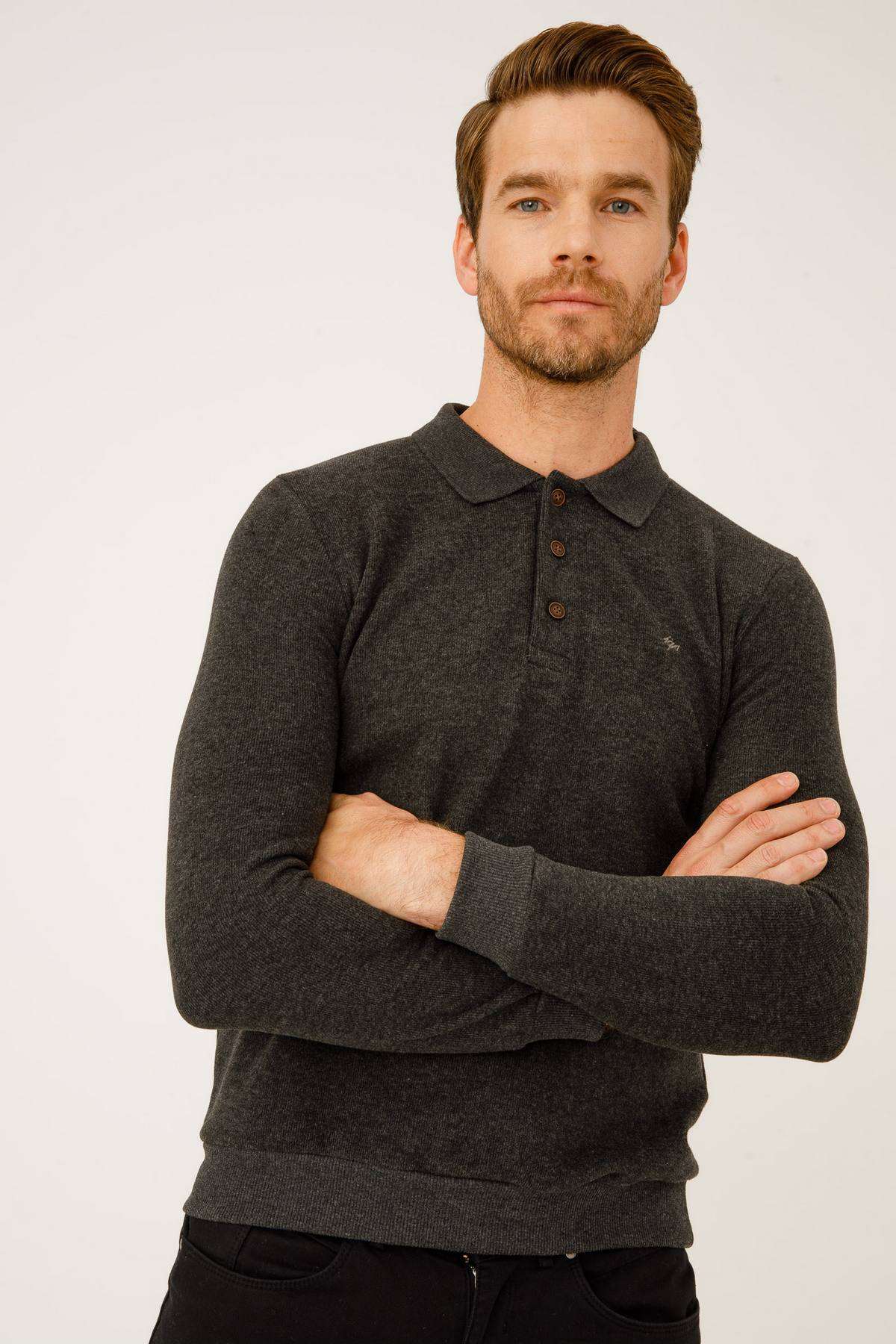 Antrasit Standart Fit Dar Kalıp Polo Yaka Düz Uzun Kollu  Triko