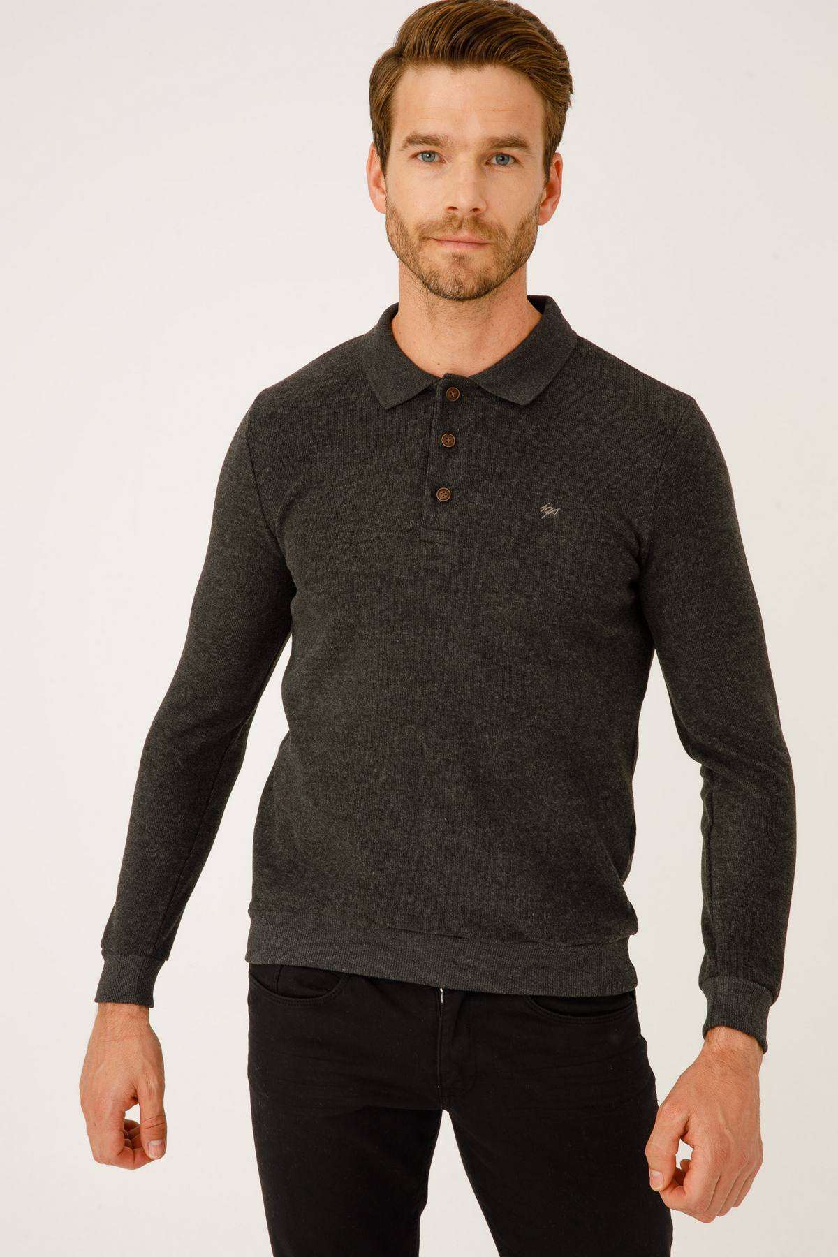 Antrasit Standart Fit Dar Kalıp Polo Yaka Düz Uzun Kollu  Triko