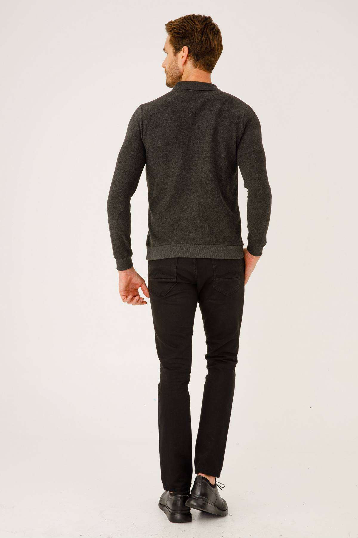Antrasit Standart Fit Dar Kalıp Polo Yaka Düz Uzun Kollu  Triko
