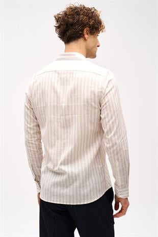Bej Dynamic Fit  Düğmeli Yaka Çizgili Uzun Kollu Cepsiz Pamuklu Gömlek