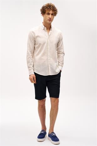 Bej Dynamic Fit  Düğmeli Yaka Çizgili Uzun Kollu Cepsiz Pamuklu Gömlek