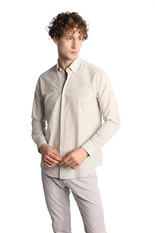 Bej Dynamic Fit  Düğmeli Yaka Çizgili Uzun Kollu Cepsiz %100 Pamuk Gömlek