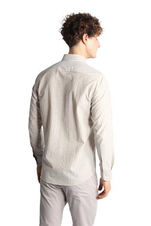 Bej Dynamic Fit  Düğmeli Yaka Çizgili Uzun Kollu Cepsiz %100 Pamuk Gömlek