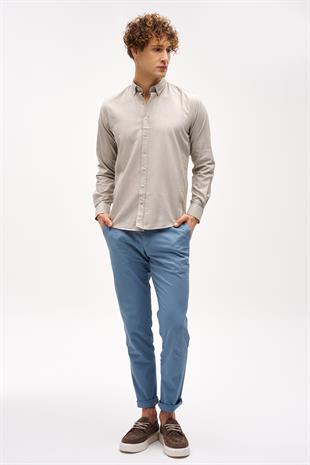 Bej Dynamic Fit  Düğmeli Yaka Düz Uzun Kollu Cepsiz Pamuklu Gömlek