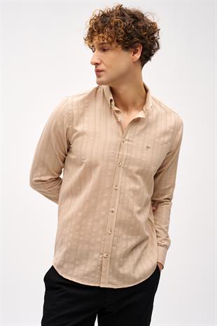 Bej Dynamic Fit  Düğmeli Yaka Çizgili Uzun Kollu Cepsiz %100 Pamuk Gömlek