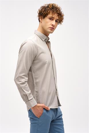 Bej Dynamic Fit  Düğmeli Yaka Düz Uzun Kollu Cepsiz Pamuklu Gömlek