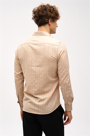 Bej Dynamic Fit  Düğmeli Yaka Çizgili Uzun Kollu Cepsiz %100 Pamuk Gömlek