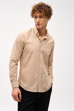 Bej Dynamic Fit  Düğmeli Yaka Çizgili Uzun Kollu Cepsiz %100 Pamuk Gömlek
