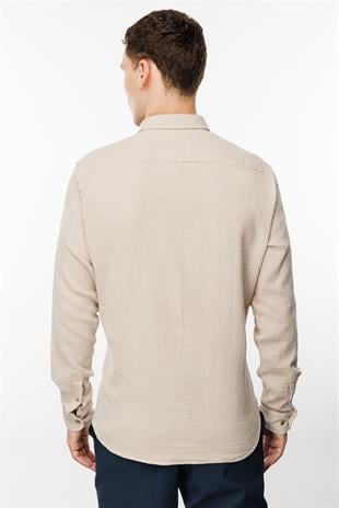 Bej Dynamic Fit  Düğmeli Yaka Düz Uzun Kollu Cepsiz Pamuklu Gömlek