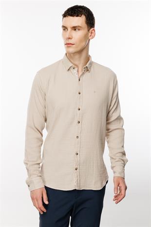 Bej Dynamic Fit  Düğmeli Yaka Düz Uzun Kollu Cepsiz Pamuklu Gömlek