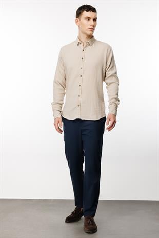 Bej Dynamic Fit  Düğmeli Yaka Düz Uzun Kollu Cepsiz Pamuklu Gömlek