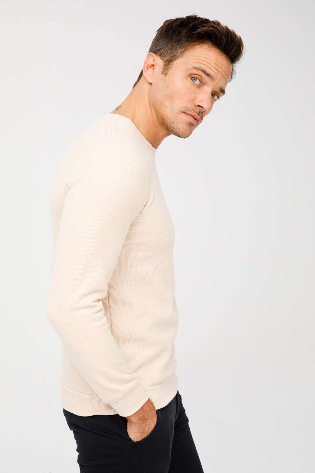 Bej Regular Fit Rahat Kalıp Bisiklet Yaka Düz Uzun Kollu  Triko