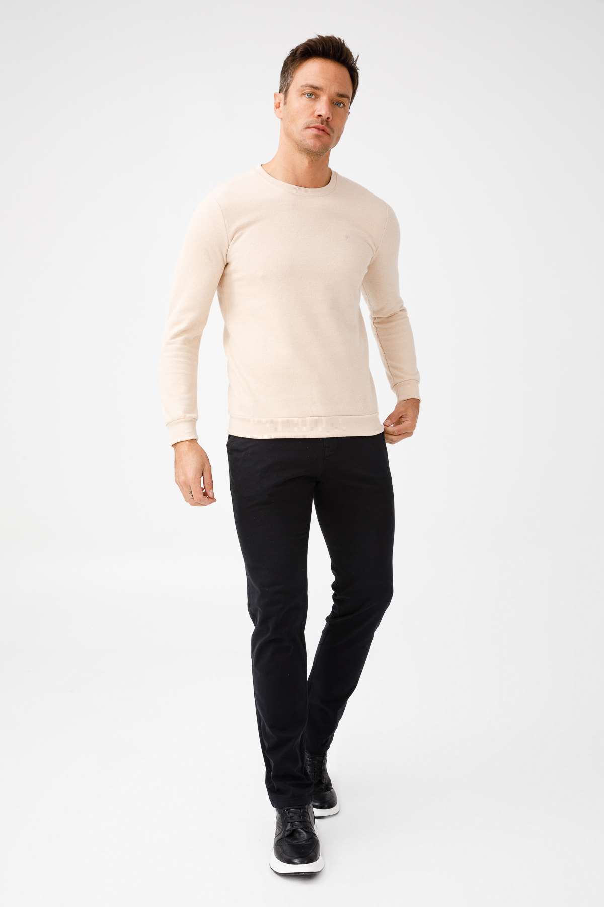 Bej Regular Fit Rahat Kalıp Bisiklet Yaka Düz Uzun Kollu  Triko