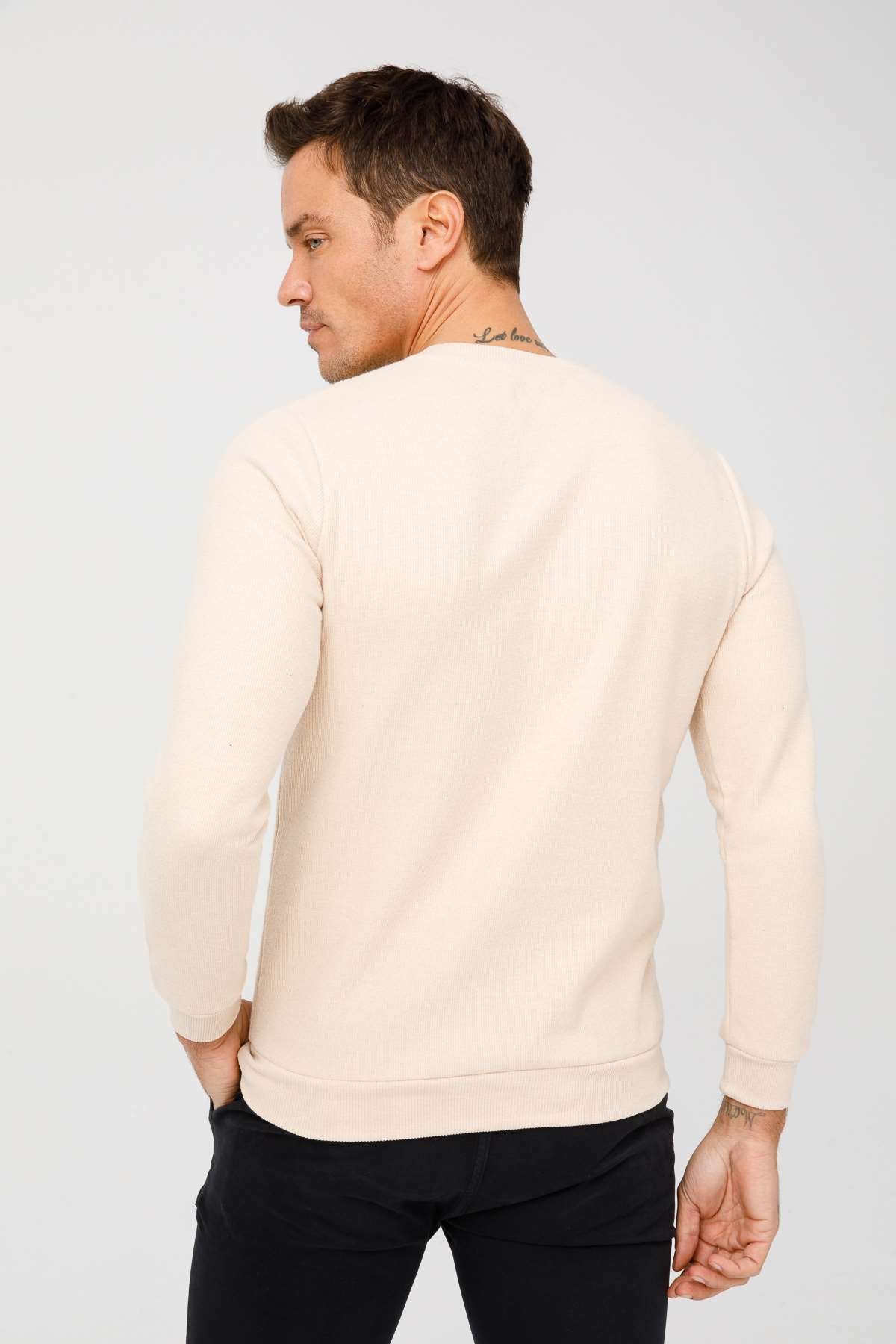 Bej Regular Fit Rahat Kalıp Bisiklet Yaka Düz Uzun Kollu  Triko