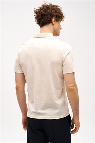 Bej Slim Fit Dar Kalıp Fermuarlı Polo Yaka Düz Kısa Kollu  Tişört
