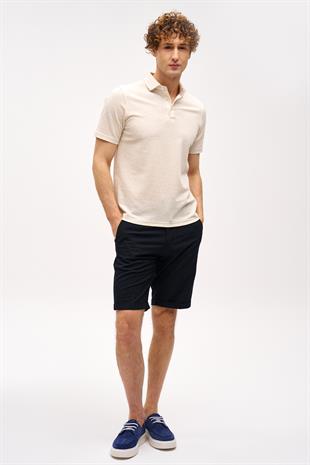 Bej Slim Fit Dar Kalıp Fermuarlı Polo Yaka Düz Kısa Kollu  Tişört