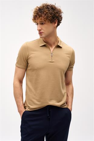 Bej Slim Fit Dar Kalıp Fermuarlı Polo Yaka Düz Kısa Kollu  Tişört