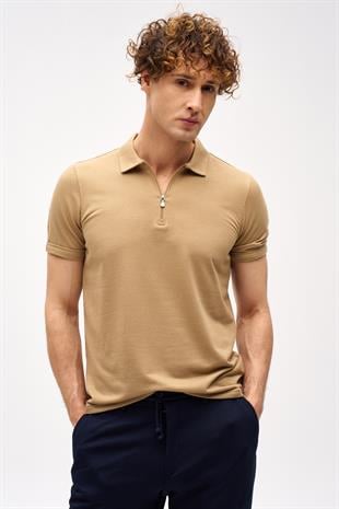 Bej Slim Fit Dar Kalıp Fermuarlı Polo Yaka Düz Kısa Kollu  Tişört