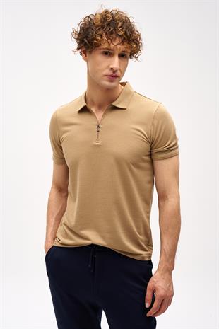 Bej Slim Fit Dar Kalıp Fermuarlı Polo Yaka Düz Kısa Kollu  Tişört