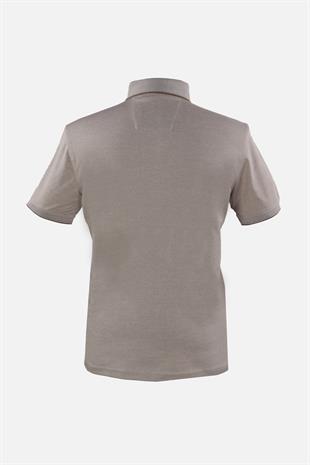 Bej Slim Fit Dar Kalıp Düğmeli Polo Yaka Düz Kısa Kollu Pamuklu Tişört
