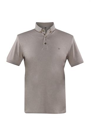 Bej Slim Fit Dar Kalıp Düğmeli Polo Yaka Düz Kısa Kollu Pamuklu Tişört