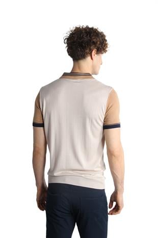 Bej Slim Fit Dar Kalıp Polo Yaka Düz Kısa Kollu Triko Tişört