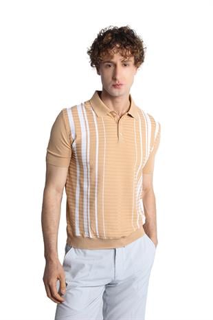 Bej Slim Fit Dar Kalıp Düğmeli Polo Yaka Desenli Kısa Kollu Triko Tişört
