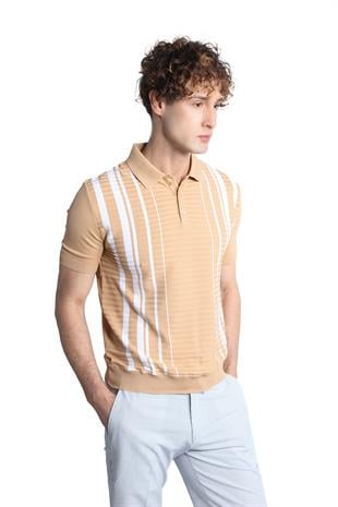 Bej Slim Fit Dar Kalıp Düğmeli Polo Yaka Desenli Kısa Kollu Triko Tişört