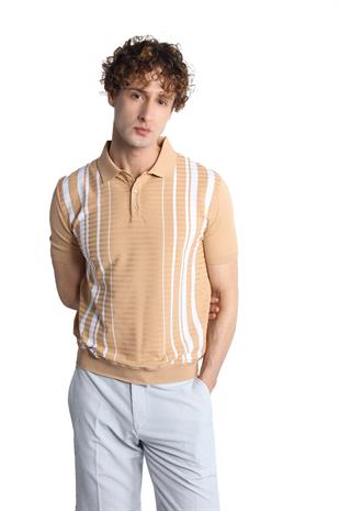 Bej Slim Fit Dar Kalıp Düğmeli Polo Yaka Desenli Kısa Kollu Triko Tişört