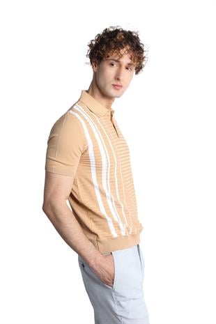 Bej Slim Fit Dar Kalıp Düğmeli Polo Yaka Desenli Kısa Kollu Triko Tişört